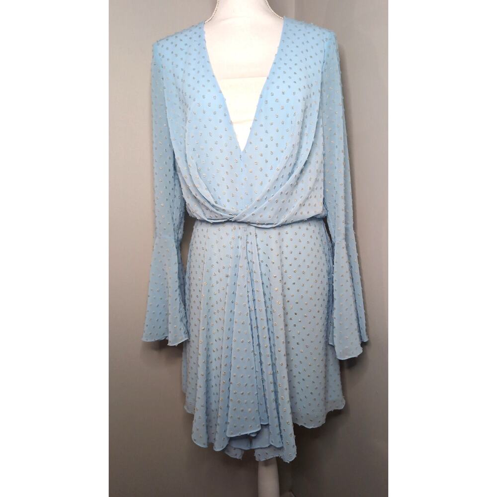 Jay Godfrey Swiss Dot Bell Sleeve Wrap Dress Blue Romantic Designer